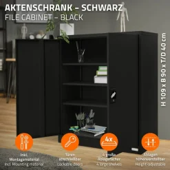 Aktenschrank abschließbar 90x40x109 cm Schwarz aus Stahl ML-Design-ECD Germany Outlet