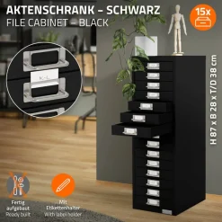 Aktenschrank mit 15 Schubladen 28x38x87 cm Schwarz aus Metall ML-Design-ECD Germany Outlet
