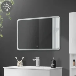 Badezimmer LED-Spiegel abgerundet mit Touchschalter 90x60 cm Weiß aus Glas ML-Design-ECD Germany Online
