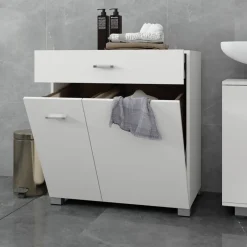 Badezimmerschrank Badschrank mit Wäschekorb 75x37x90 cm in Weiß ML-Design-ECD Germany Discount