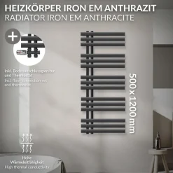 Badheizkörper Mittelanschluss 500x1200 mm Anthrazit mit Boden Anschlussgarnitur LuxeBath-ECD Germany Hot