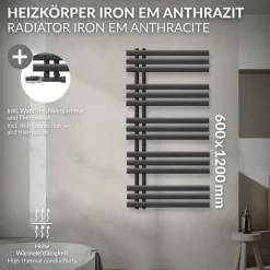 Badheizkörper Mittelanschluss 600x1200 mm Anthrazit mit Wand Anschlussgarnitur LuxeBath-ECD Germany