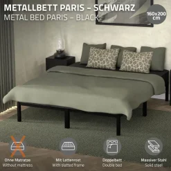 Bettgestell Doppelbett 160x200 cm aus Metall in Schwarz mit Lattenrost ML-Design-ECD Germany Clearance