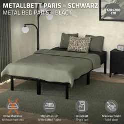 Bettgestell Doppelbett 120x200 cm aus Metall Schwarz mit Lattenrost ML-Design-ECD Germany New