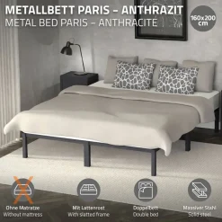 Bettgestell Doppelbett 160x200 cm aus Metall in Anthrazit mit Lattenrost ML-Design-ECD Germany New