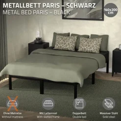 Bettgestell Doppelbett 140x200 cm aus Metall in Schwarz mit Lattenrost ML-Design-ECD Germany