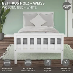 Bettgestell Einzelbett 90x200cm aus Kiefernholz in Weiß Lattenrost & Matratze H-16cm ML-Design-ECD Germany