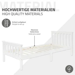 Bettgestell Einzelbett 90x200cm aus Kiefernholz in Weiß Lattenrost & Matratze H-16cm ML-Design-ECD Germany