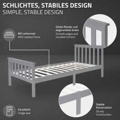 Bettgestell Einzelbett 90x200cm aus Kiefernholz in Hellgrau mit Lattenrost & Matratze H-10cm ML-Design-ECD Germany Best