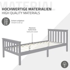 Bettgestell Einzelbett 90x200cm aus Kiefernholz in Hellgrau mit Lattenrost & Matratze H-10cm ML-Design-ECD Germany Best