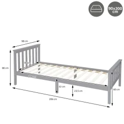 Bettgestell Einzelbett 90x200cm aus Kiefernholz in Hellgrau mit Lattenrost & Matratze H-16cm ML-Design-ECD Germany