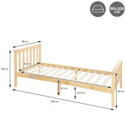 Bettgestell Einzelbett 90x200cm aus Kiefernholz in Natur mit Lattenrost ML-Design-ECD Germany Clearance