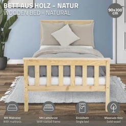 Bettgestell Einzelbett 90x200cm aus Kiefernholz in Natur mit Lattenrost & Matratze H-16cm ML-Design-ECD Germany Online