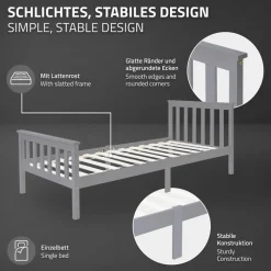 Bettgestell Einzelbett 90x200cm aus Kiefernholz in Hellgrau mit Lattenrost ML-Design-ECD Germany