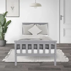 Bettgestell Einzelbett 90x200cm aus Kiefernholz in Hellgrau mit Lattenrost ML-Design-ECD Germany