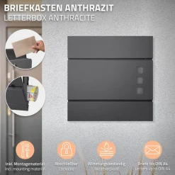 Briefkasten mit Zeitungsfach 37x36,5x10,5 cm Anthrazit aus Stahl-ECD Germany New