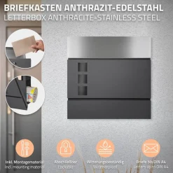 Briefkasten mit Zeitungsfach 37x36,5x10,5 cm Anthrazit/Silber aus Stahl-ECD Germany Sale