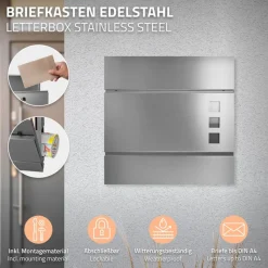 Briefkasten mit Zeitungsfach 37x10,5x36,5 cm Silber aus Edelstahl-ECD Germany