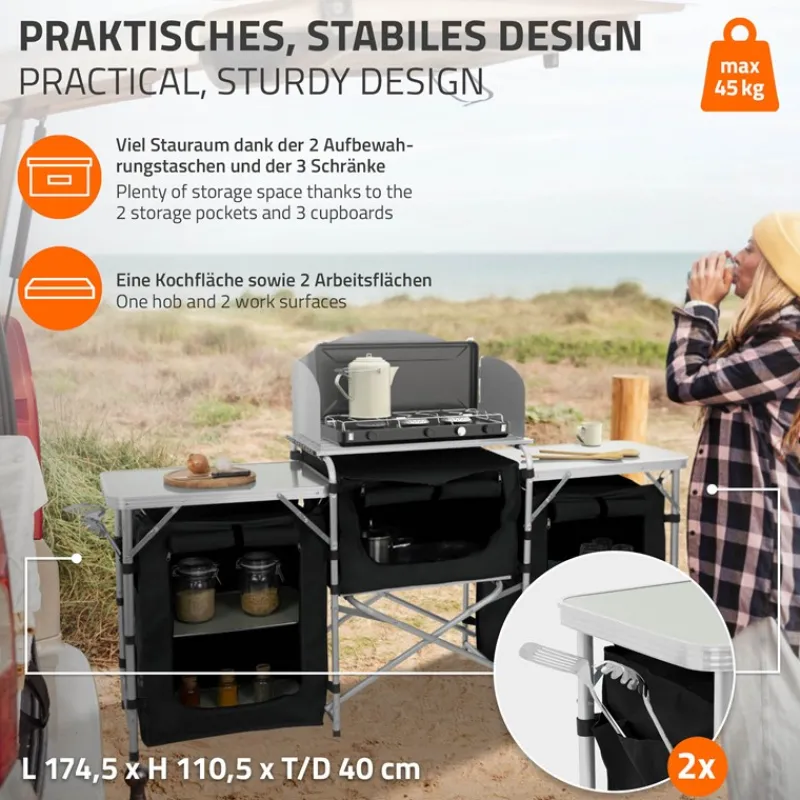 Camping Küche faltbar mit Tragetasche Schwarz aus Aluminium inkl. Arbeitsplatte Hauki-ECD Germany New