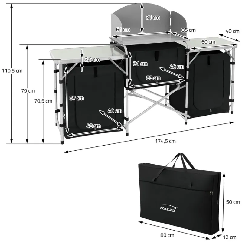 Camping Küche faltbar mit Tragetasche Schwarz aus Aluminium inkl. Arbeitsplatte Hauki-ECD Germany New