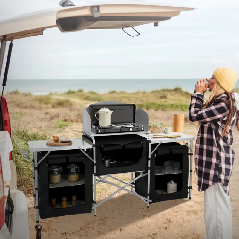 Camping Küche faltbar mit Tragetasche Schwarz aus Aluminium inkl. Arbeitsplatte Hauki-ECD Germany New