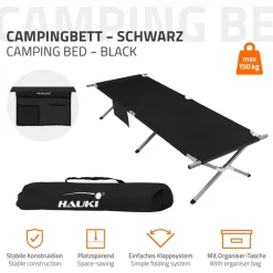Campingbett Feldbett klappbar 210x83x46 cm Schwarz mit Tragetasche bis 150 kg Hauki-ECD Germany Discount