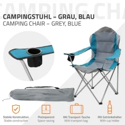 Campingstuhl faltbar Grau-Blau klappbarer Angelstuhl mit Getränkehalter & Tragetasche-ECD Germany Discount