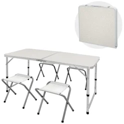 Campingtisch Set mit 4 Hocker 120 cm weiß aus Aluminium und MDF-ECD Germany Online