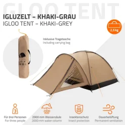 Campingzelt für 2-3 Personen 210x180x120 cm Beige-Grau Kuppelzelt Iglu-Zelt mit verschließbarem Vorraum-ECD Germany Outlet