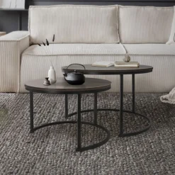 Couchtisch 2er Set Rund Eiche-dunkel/Schwarz aus MDF und Metall ML-Design-ECD Germany New