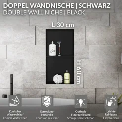 Duschnische 2 Ebenen 30x60 cm Schwarz aus Edelstahl Unterputz Rahmen Wandnische Duschablage LuxeBath-ECD Germany Discount