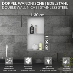 Duschnische 2 Ebenen 30x60 cm Silber aus Edelstahl Unterputz Rahmen Wandnische Duschablage LuxeBath-ECD Germany