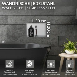 Duschnische 30x20 cm Silber aus Edelstahl Unterputz Rahmen Wandnische Duschablage LuxeBath-ECD Germany Clearance