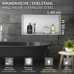 Duschnische 60x30 cm Silber aus Edelstahl Wandnische Duschablage LuxeBath-ECD Germany