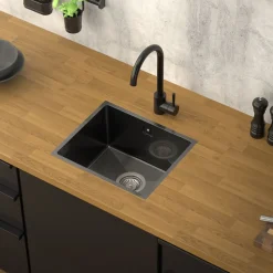 Einbauspüle 34x40 cm Anthrazit mit Ablaufgarnitur und Überlauf aus Edelstahl ML-Design-ECD Germany Discount