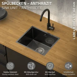 Einbauspüle 34x40 cm Anthrazit mit Ablaufgarnitur und Überlauf aus Edelstahl ML-Design-ECD Germany Discount