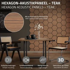2er Set Akustikpaneele für 1m² Teak Wandpaneele Hexagon Schallabsorber Schalldämmung ML-Design-ECD Germany Sale