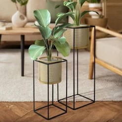 2er Set Blumenständer mit Übertopf 21x21x47/25x25x71 cm Schwarz/Gold aus Stahl ML-Design-ECD Germany Best