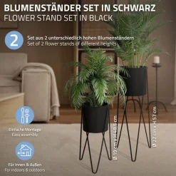 2er Set Blumenständer 27x27x48,5 / 35,5x34x75 cm Schwarz aus Stahl ML-Design-ECD Germany New