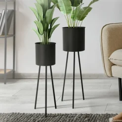 2er Set Blumenständer 22x22,5x66 / 23x26x79 cm Schwarz aus Stahl ML-Design-ECD Germany New