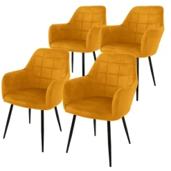 2er Set Esszimmerstühle mit Rücken- & Armlehne 2x Senf Samtbezug Quadrat Steppung mit Metallbeinen ML-Design-ECD Germany New