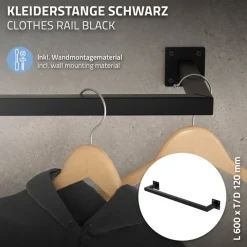 3er Set Kleiderstange Garderobe Wandmontage 12 x 60 cm Schwarz aus Stahl ML-Design-ECD Germany Clearance