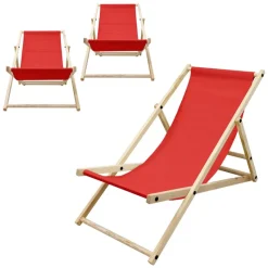 3er Set Liegestuhl klappbar Rot Holz verstellbare Rückenlehne bis 120 kg Sonnenliege Gartenliege Strandliege-ECD Germany Best