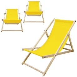 3er Set Liegestuhl klappbar Gelb Holz verstellbare Rückenlehne bis 120 kg Sonnenliege Gartenliege Strandliege-ECD Germany Hot
