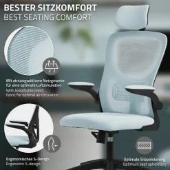 Ergonomischer Bürostuhl Blau Netzgewebe mit verstellbarer Kopfstütze und Rollen ML-Design-ECD Germany New