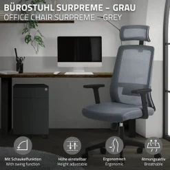 Ergonomischer Bürostuhl Grau Netzgewebe mit verstellbaren Armlehnen und Kopfstütze ML-Design-ECD Germany