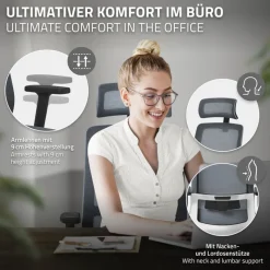 Ergonomischer Bürostuhl Grau Netzgewebe mit verstellbaren Armlehnen und Kopfstütze ML-Design-ECD Germany