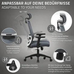 Ergonomischer Bürostuhl Grau Netzgewebe mit verstellbaren Armlehnen und Kopfstütze ML-Design-ECD Germany