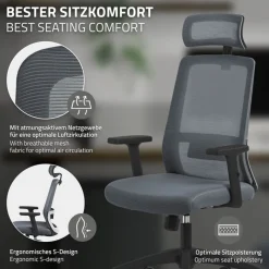 Ergonomischer Bürostuhl Grau Netzgewebe mit verstellbaren Armlehnen und Kopfstütze ML-Design-ECD Germany