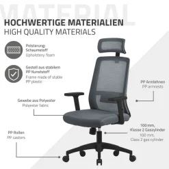 Ergonomischer Bürostuhl Grau Netzgewebe mit verstellbaren Armlehnen und Kopfstütze ML-Design-ECD Germany